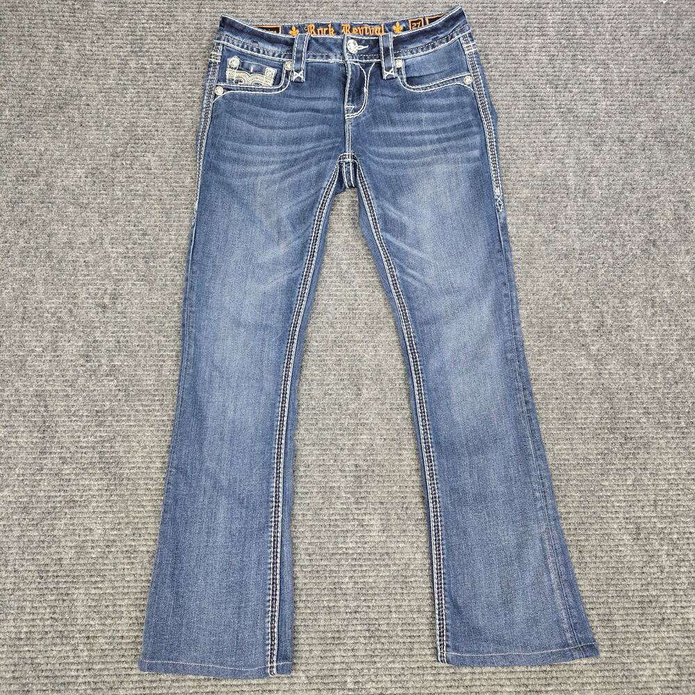 Rock Revival Helaina Jeans Womens 27x28 Blue Bootcut Embellished Flap Hemmed